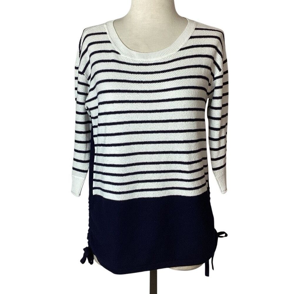 T By Talbots Navy White Striped Pique Ruched Crewneck Sweater Small Nautical Coa - Picture 2 of 10